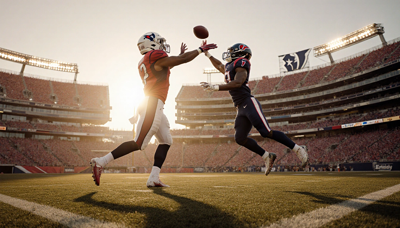 C.J. Stroud throws a 57-yard pass with Nico Collins leaping to catch it near the Arizona Cardinals stadium in sunset glow.