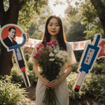 Claire Lai holds a bouquet in a serene Hong Kong garden with sunlit trees and subtle protest banners in background