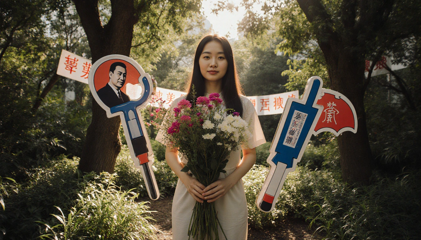 Claire Lai holds a bouquet in a serene Hong Kong garden with sunlit trees and subtle protest banners in background