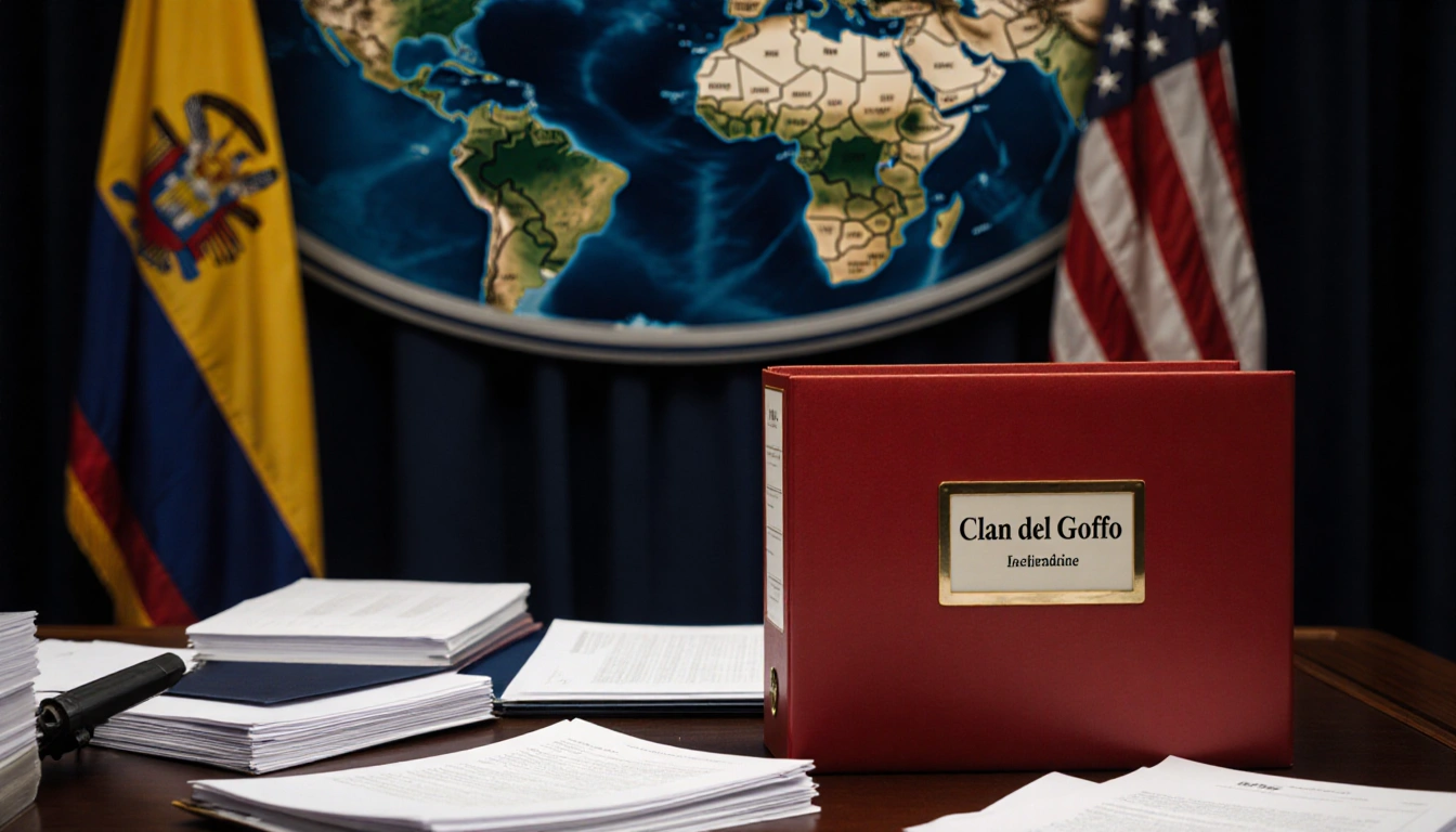 Red folder labeled Clan del Golfo sits on a cluttered desk with diplomatic papers and a blurred map of Colombia a faint Colom