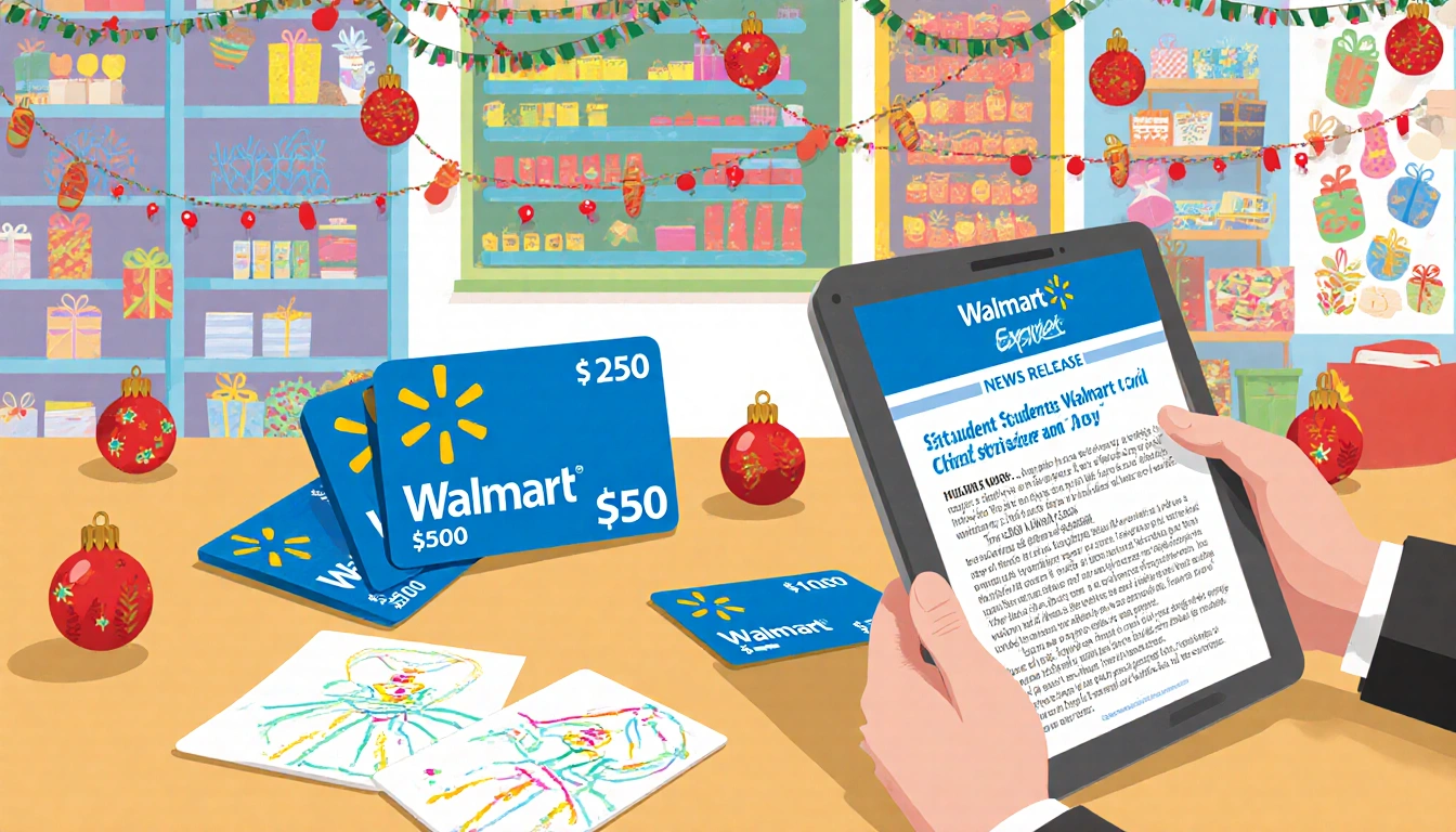 Teacher holding tablet with Walmart news release on screen near classroom table filled with gift cards and holiday garlands