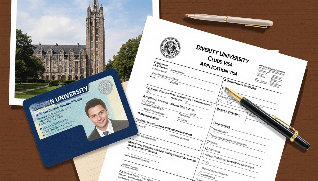 Student visa application form filled with pen and paper with Brown University campus photo and immigrant visa card overlappin