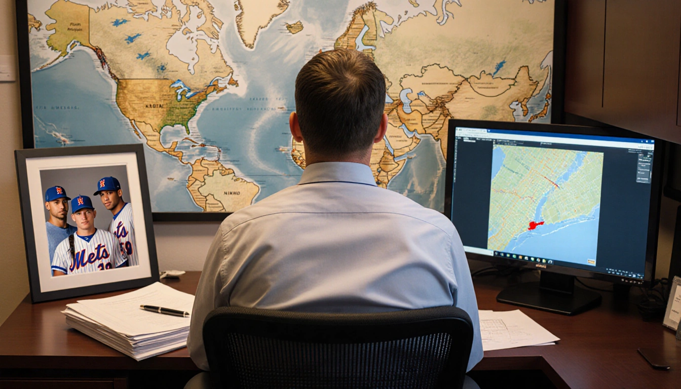 Clay Holmes reviewing plans with a map of New York City and a computer screen of Citi Field.