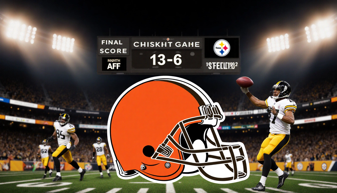 Shedeur Sanders throwing a pass with the Cleveland Browns logo and scoreboard showing 13-6.