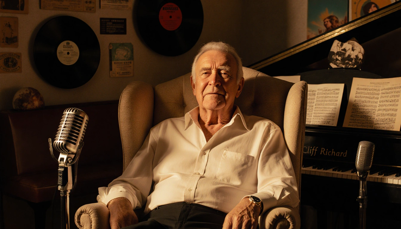 Cliff Richard sits in a plush armchair with vintage microphones and vinyl records in a warm golden light.