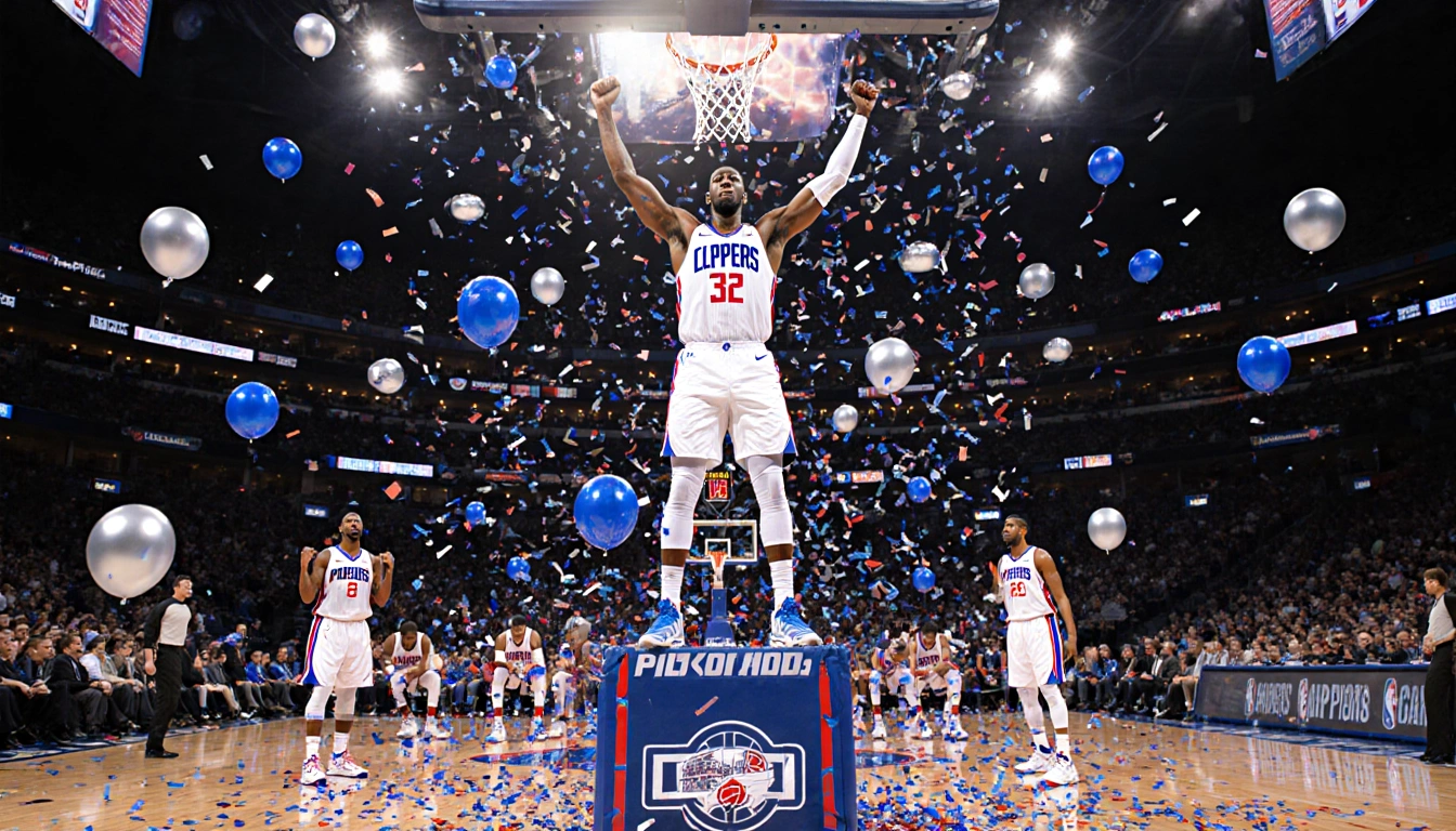 Kawhi Leonard is raising his arms above the court with silver confetti and balloons and the Pistons bench looks upset.
