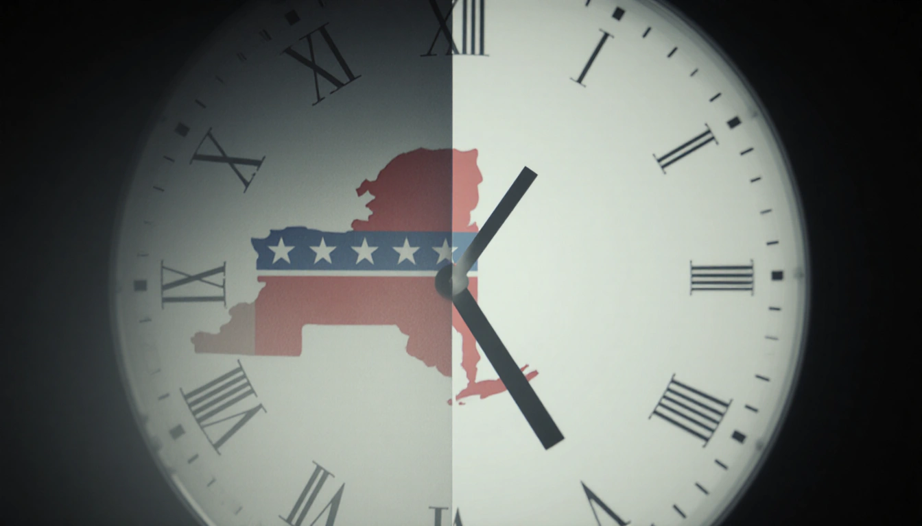 Clock ticking with face veiled in gray and hands moving toward veil against blurry New York map with Republican logo and time
