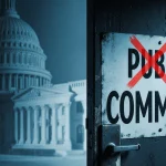 Worn door with faded Public Comment sign shows red X censoring transparency with government building behind casting shadows