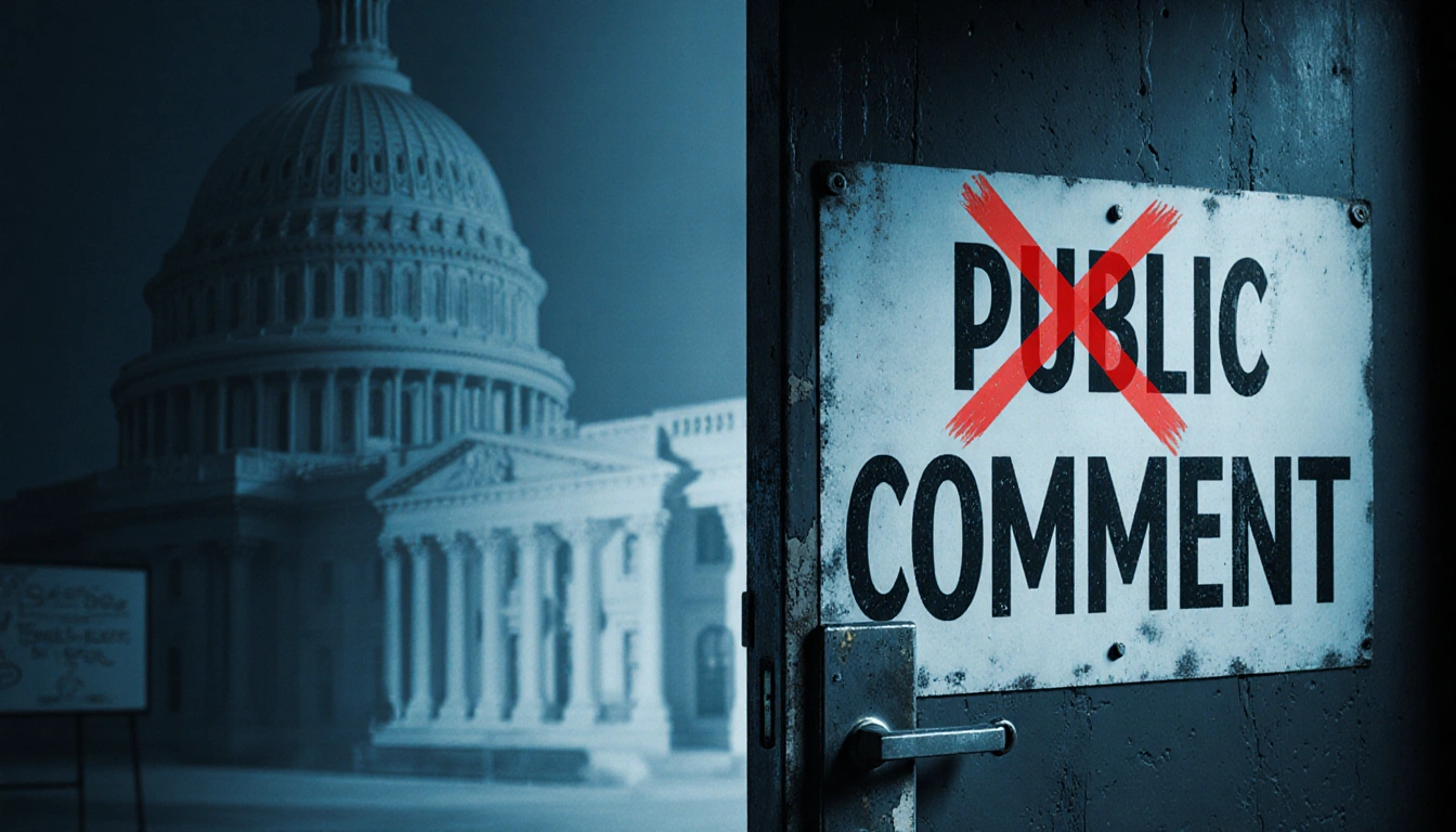Worn door with faded Public Comment sign shows red X censoring transparency with government building behind casting shadows