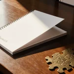 Resketch Notepad opened on desk showing white pages with sustainable paper edges a Craighill Jack Puzzle glints in warm light