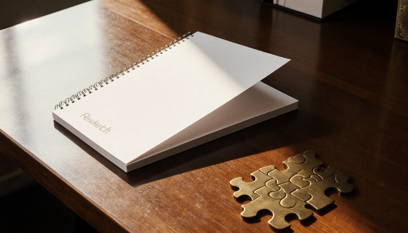 Resketch Notepad opened on desk showing white pages with sustainable paper edges a Craighill Jack Puzzle glints in warm light