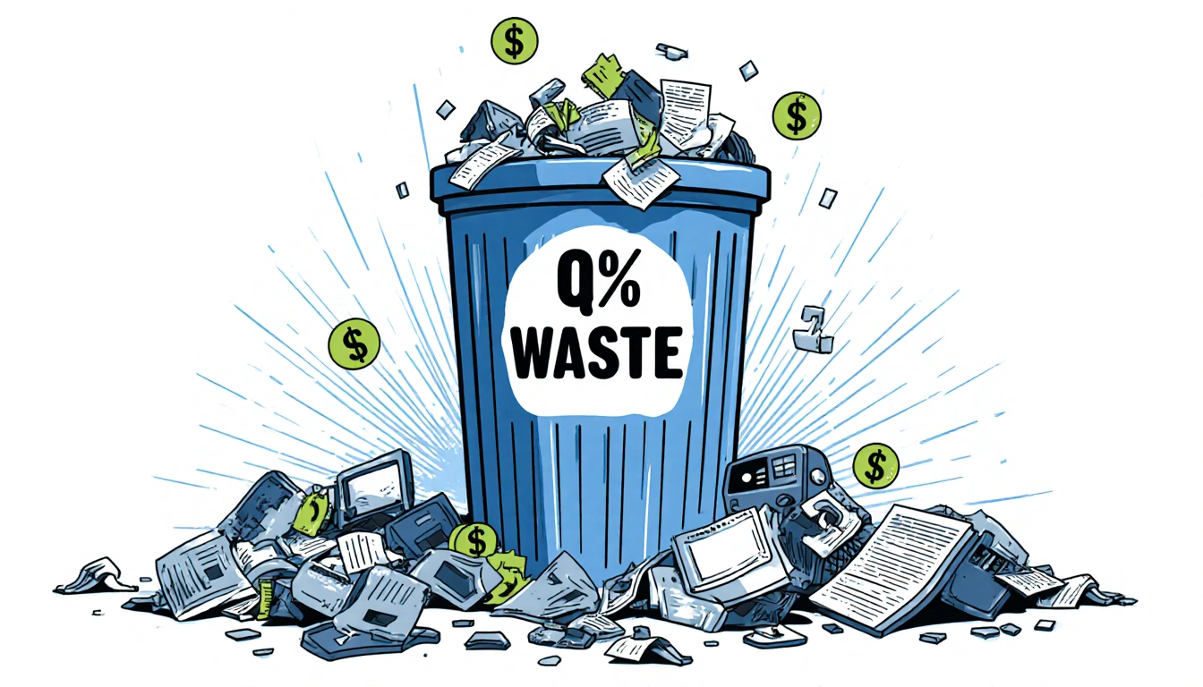 Overflowing trash can labeled Waste filled with dollar signs and broken medical equipment near discarded healthcare records.