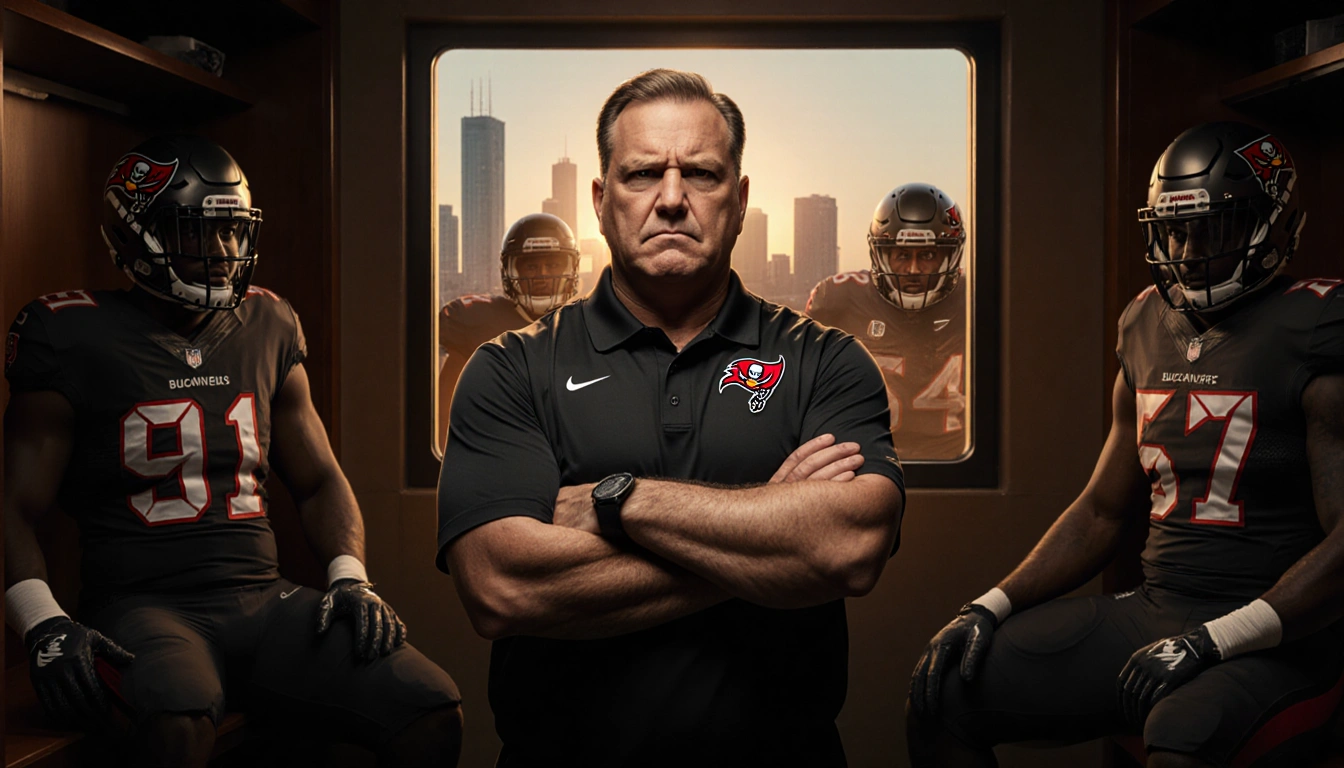 Coach Todd Bowles in locker room with arms crossed glaring at reflected defeated faces and Tampa Bay skyline behind him