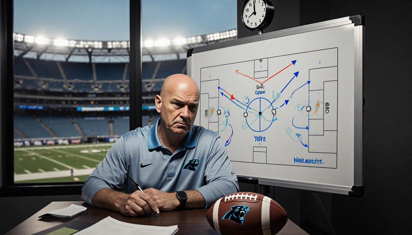 Coach Bowles marks a defense diagram on a whiteboard with a pen and footballs around him