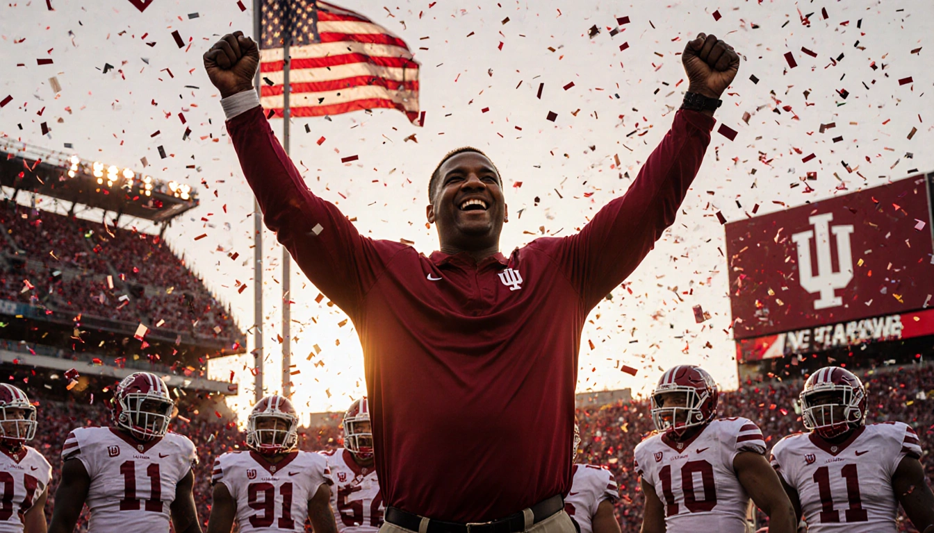 Coach Bryant Haines raising his arms with confetti falling and an Indiana flag in the sunset stadium