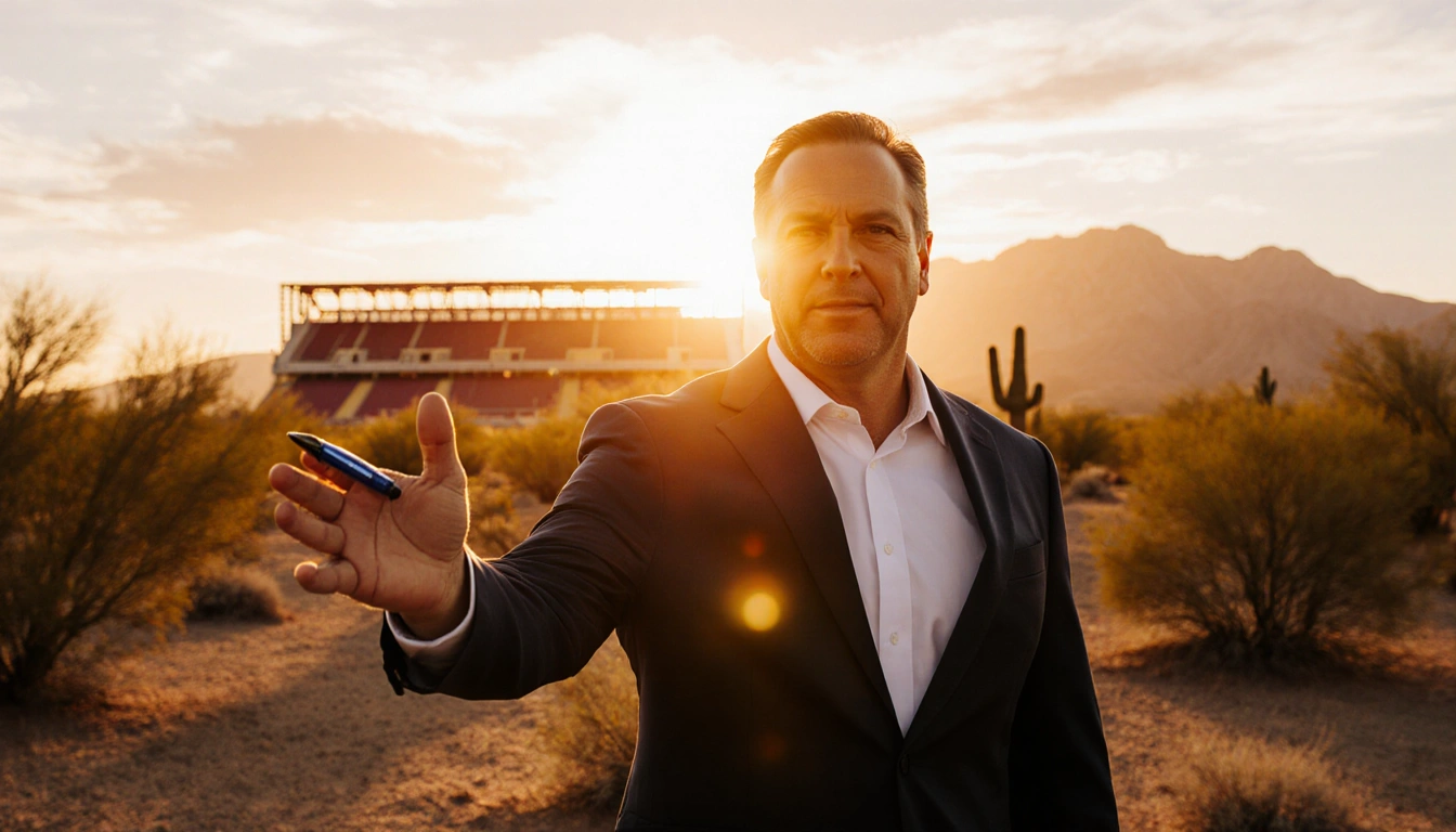 Coach Dillingham signing contract with pen in hand with desert sunset and Arizona State stadium behind