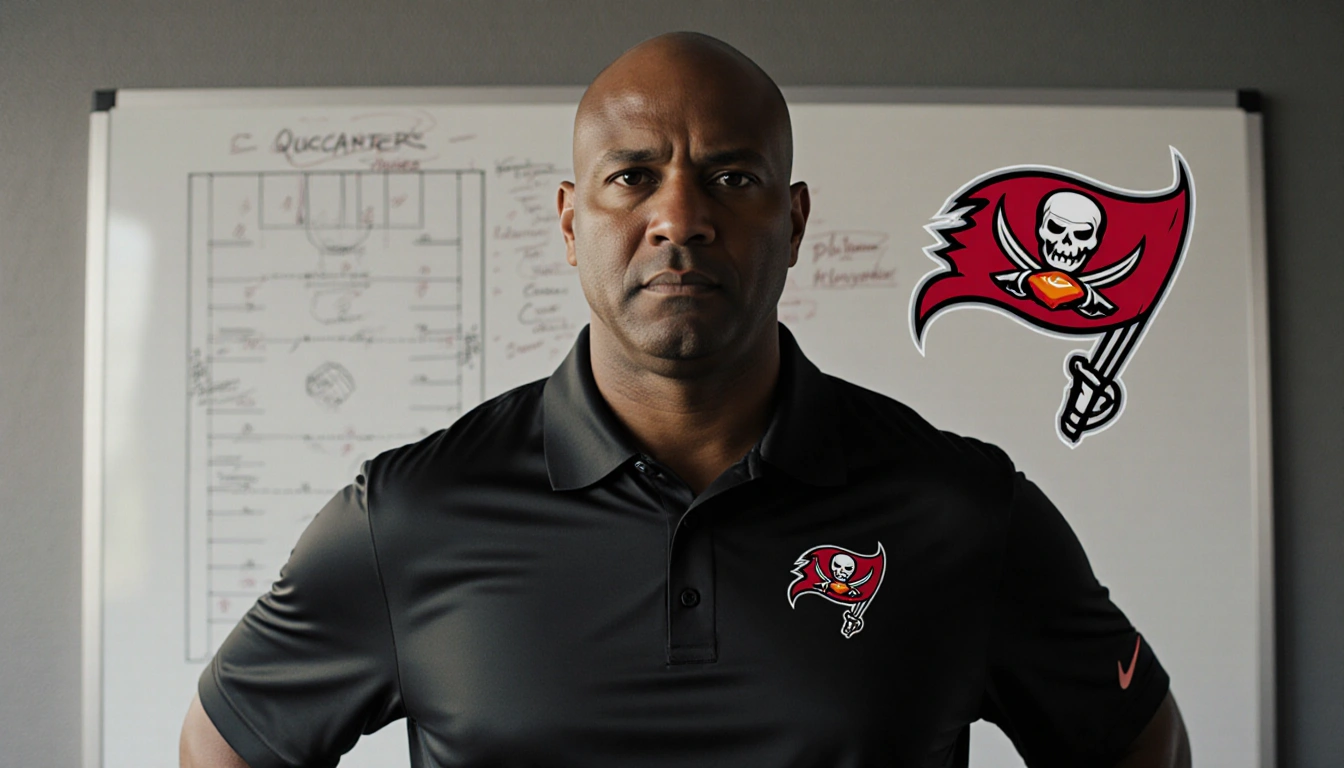 Coach McDaniel stands with hand on hip pointing at a whiteboard with play diagrams and a Buccaneers logo behind him.