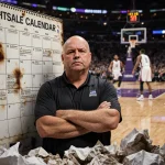 Coach Mike Brown standing with arms crossed beside a worn NBA schedule calendar with coffee stains and crumpled papers.