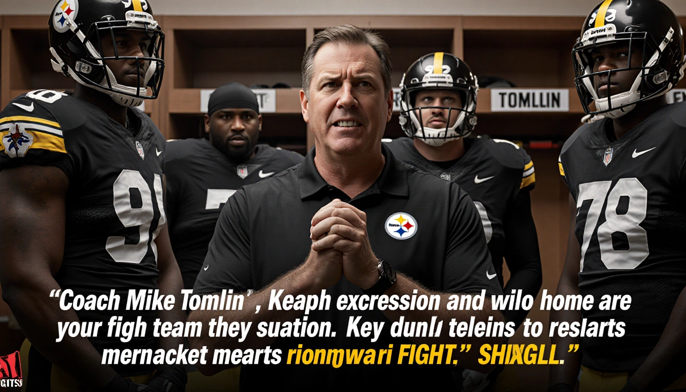 Coach Mike Tomlin leading team with hands clasped around him in a locker room backdrop of rosters and bold quote text.