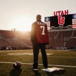 Coach Morgan Scalley standing with sunset behind him and Utah logo on scoreboard and jerseys on shoulders football on grass