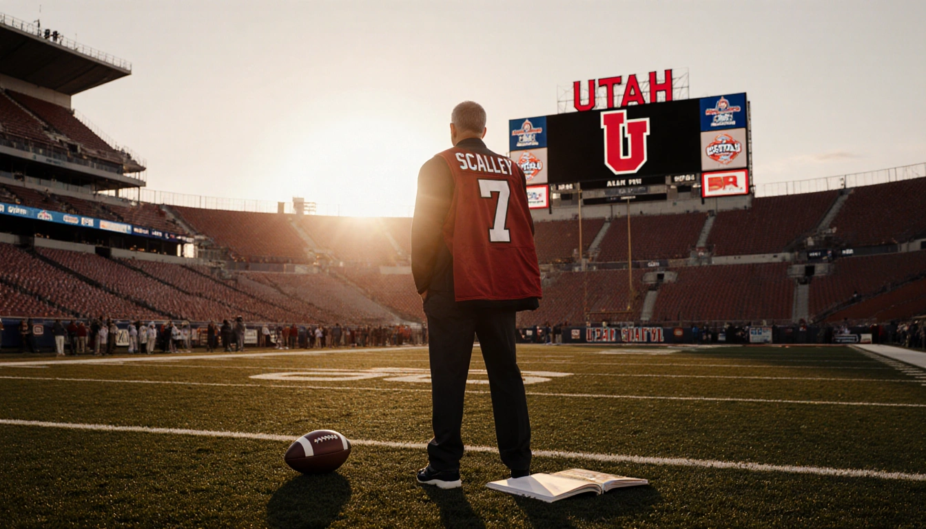 Coach Morgan Scalley standing with sunset behind him and Utah logo on scoreboard and jerseys on shoulders football on grass