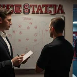 Coach Ryan Day points at chalkboard diagrams with Brian Hartline beside him in a bustling Ohio State locker room.