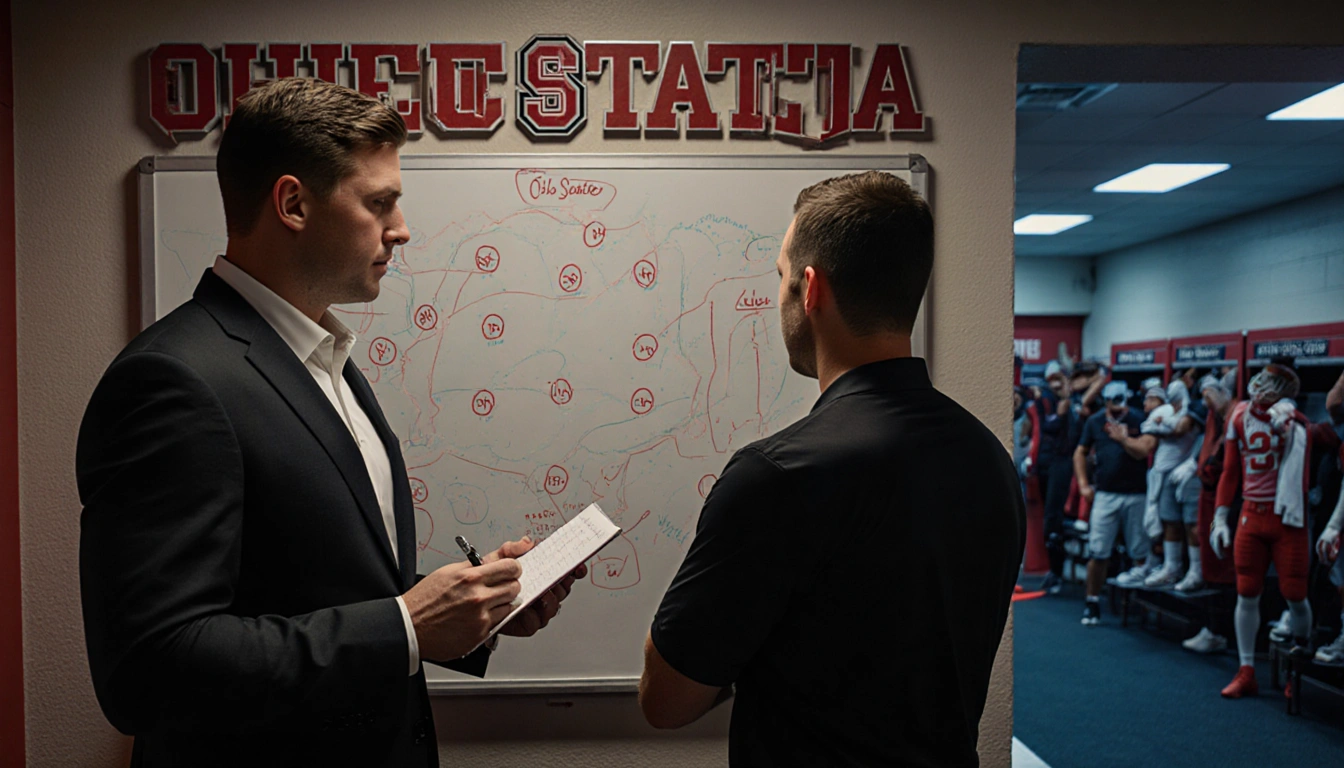 Coach Ryan Day points at chalkboard diagrams with Brian Hartline beside him in a bustling Ohio State locker room.