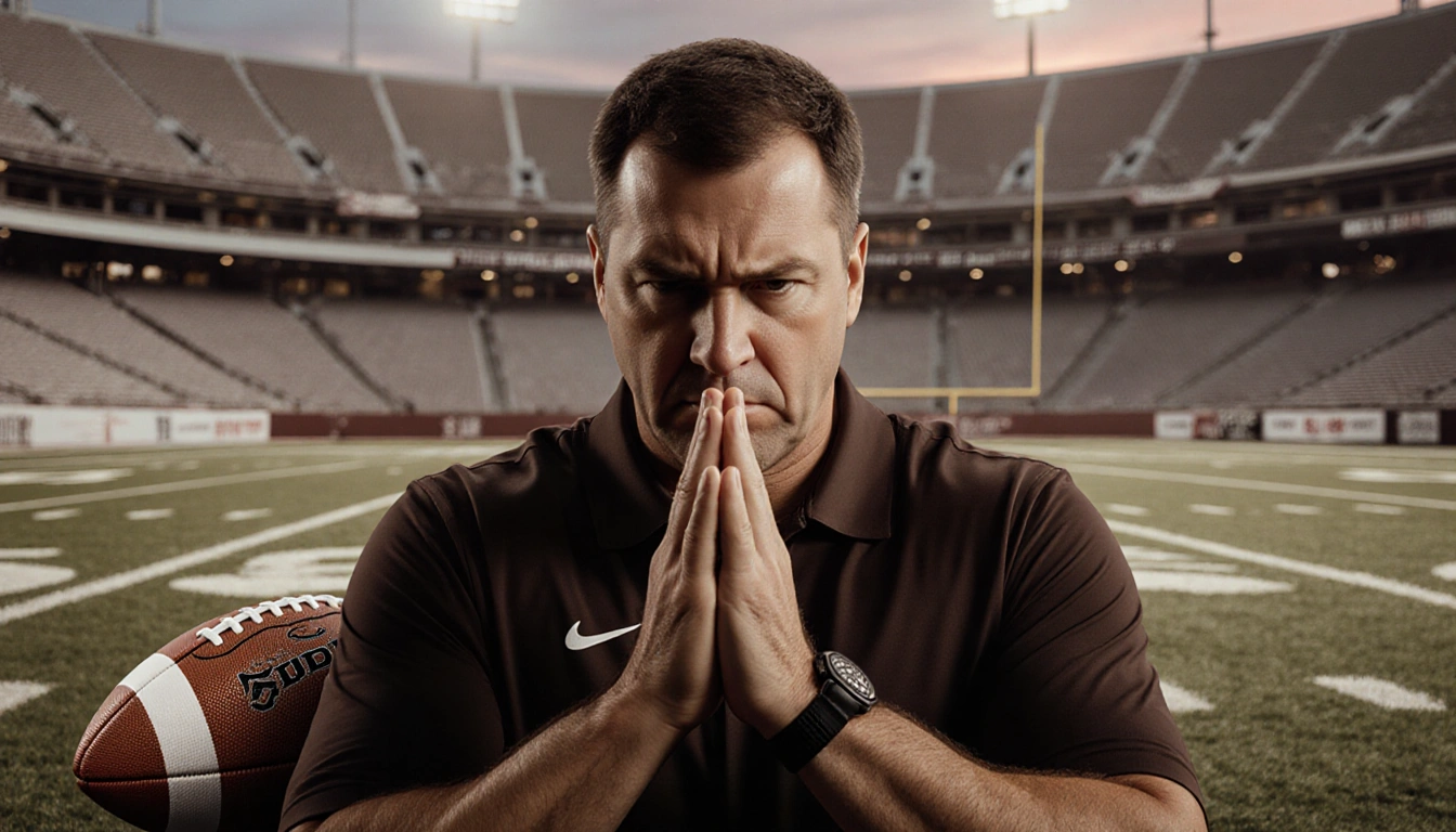 Coach Kevin Stefanski standing sternly with hands clasped near a football at dusk and a muted stadium in background