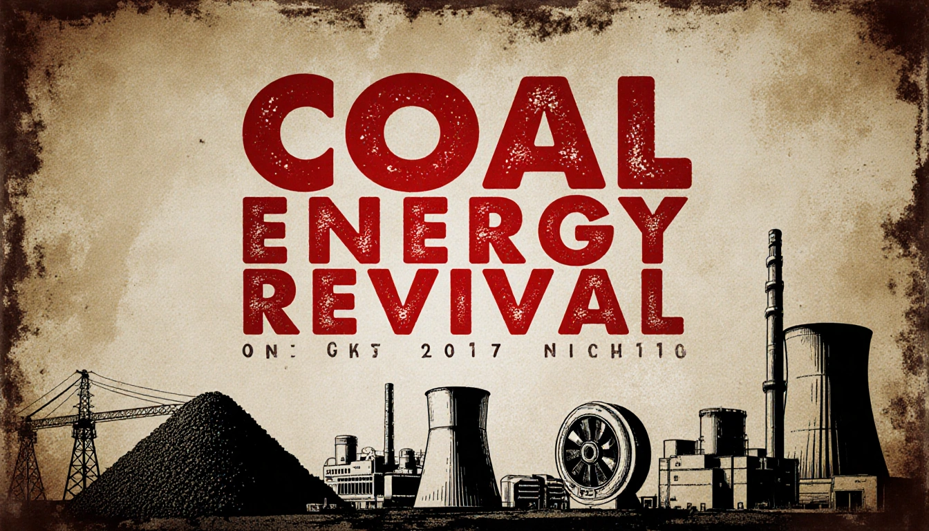 Red poster headline Coal Energy Revival dominates faded wall with old coal mining gear and nuclear reactor sketches