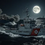 Coast Guard vessel chasing tanker with full moon lighting Caribbean Sea waves and Venezuelan coastline in the distance.