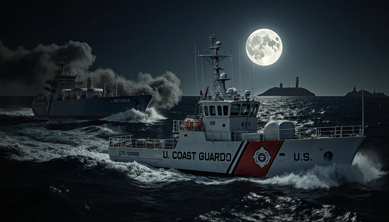 Coast Guard vessel chasing tanker with full moon lighting Caribbean Sea waves and Venezuelan coastline in the distance.