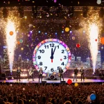 Concert performers ignite stage with pyrotechnics and confetti with giant countdown clock and cityscape backdrop.
