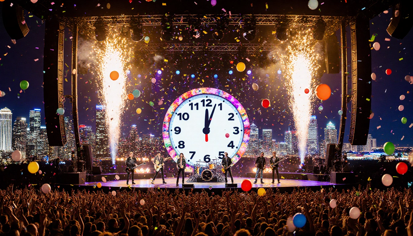 Concert performers ignite stage with pyrotechnics and confetti with giant countdown clock and cityscape backdrop.