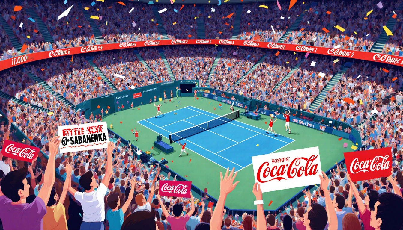 Nick Kyrgios and Sabalenka playing tennis with a smaller court for Sabalenka and cheering crowd holding signs and confetti