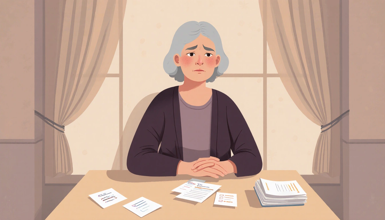 Woman seated with a gentle concerned expression and scattered reminders on a table in a setting for cognitive impairment