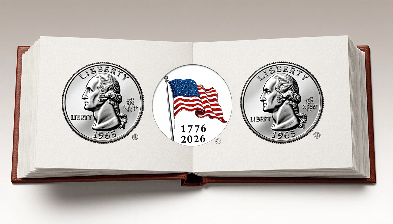 Quarters orbit around dual-flag vignette in a coin album with metallic sheen and neutral background