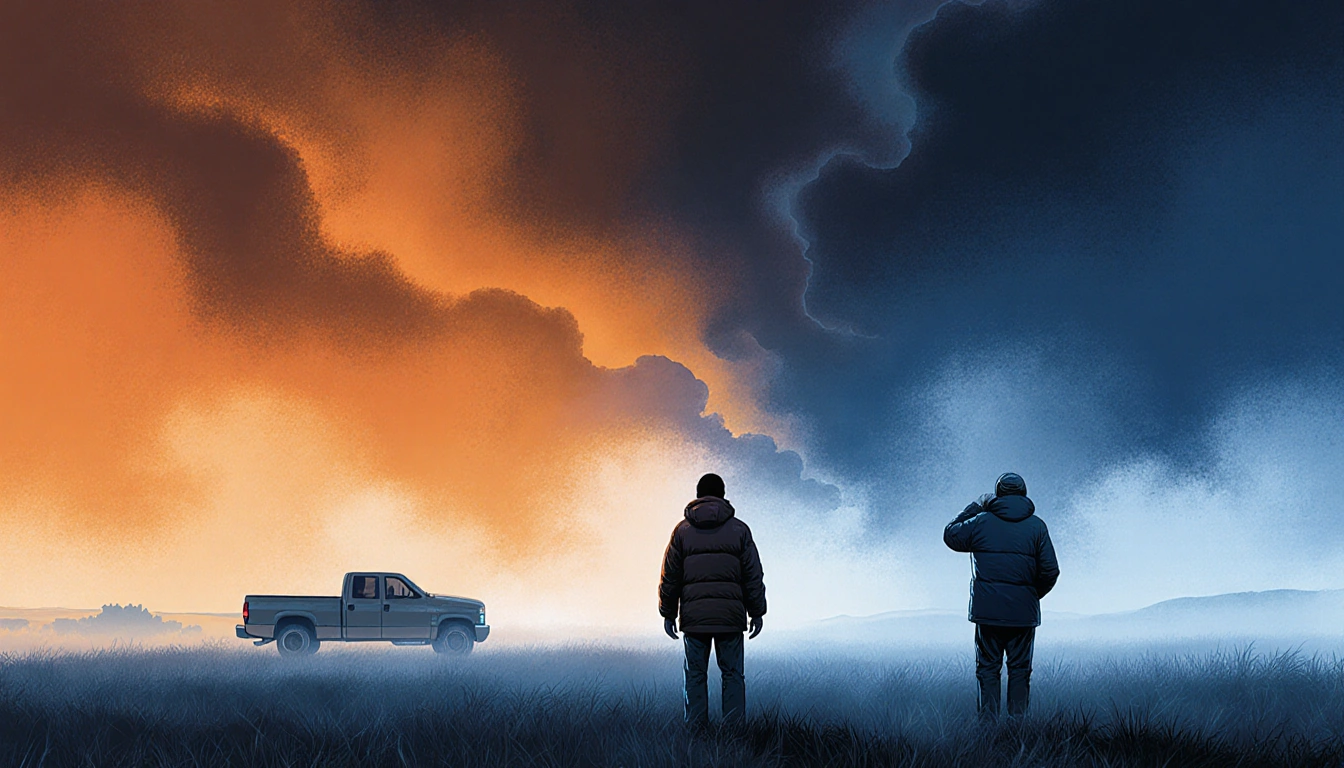 Residents bundled against wind with backs to viewer as a cold front sweeps the landscape with misty fog and storm clouds.