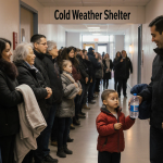 Volunteer handing blankets and water to a family with kids in a busy hallway at One Texas Center for cold weather shelter.