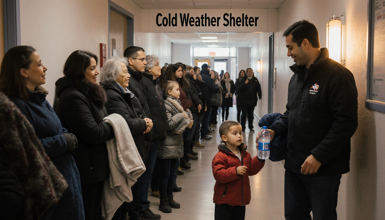Volunteer handing blankets and water to a family with kids in a busy hallway at One Texas Center for cold weather shelter.