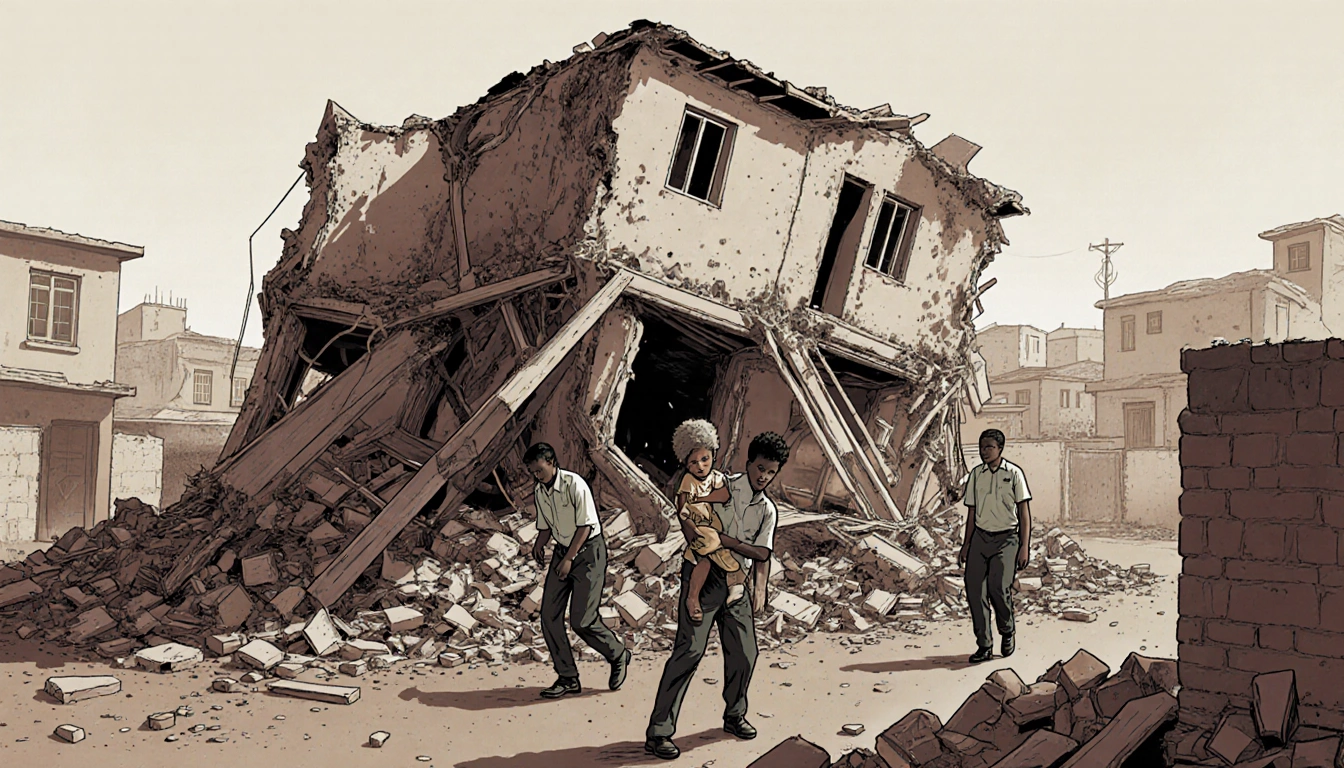 Rescuers lift three trapped figures with a child from rubble beside a collapsed Soweto building