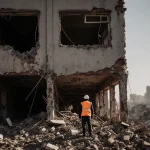 Rescue worker in bright orange vest standing amid rubble of collapsed building with Johannesburg skyline blurred behind