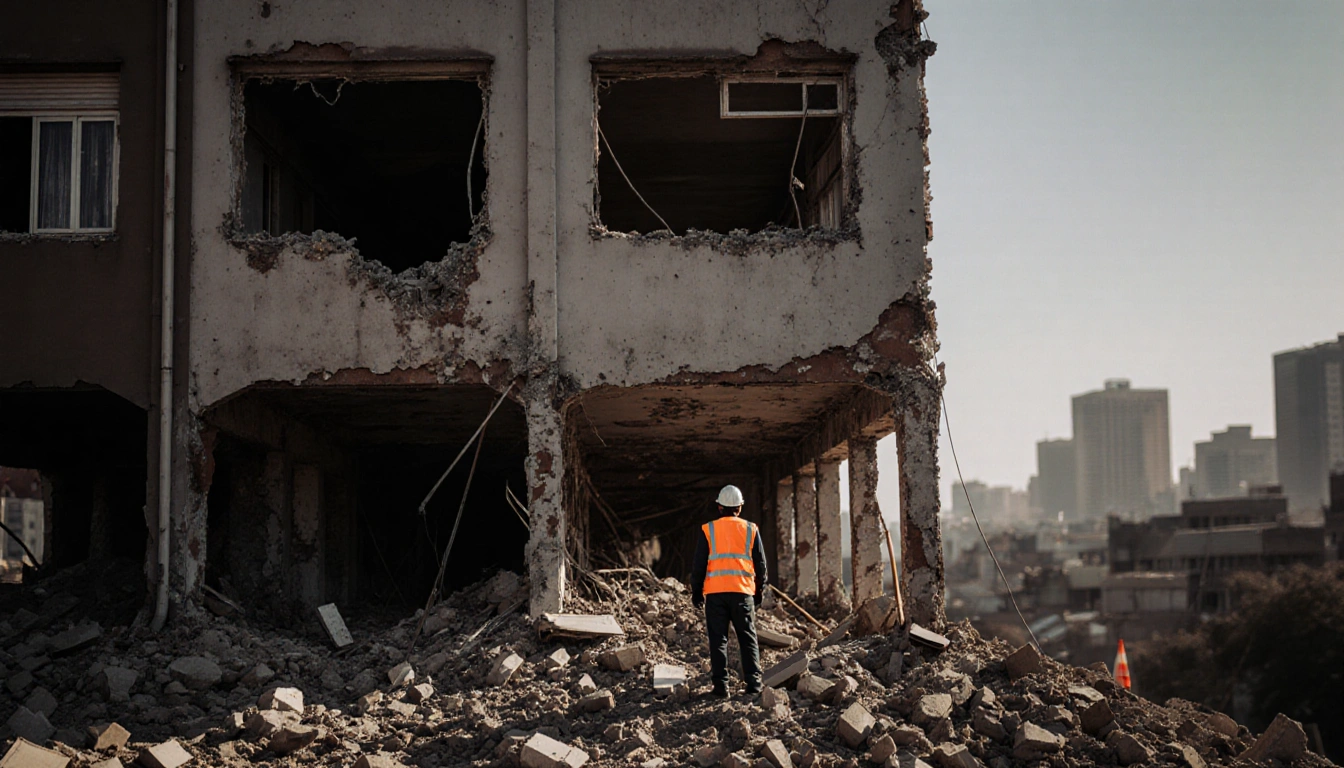 Rescue worker in bright orange vest standing amid rubble of collapsed building with Johannesburg skyline blurred behind