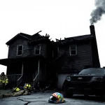 Smoke billows from chimney with collapsed roof and abandoned firefighter gear.