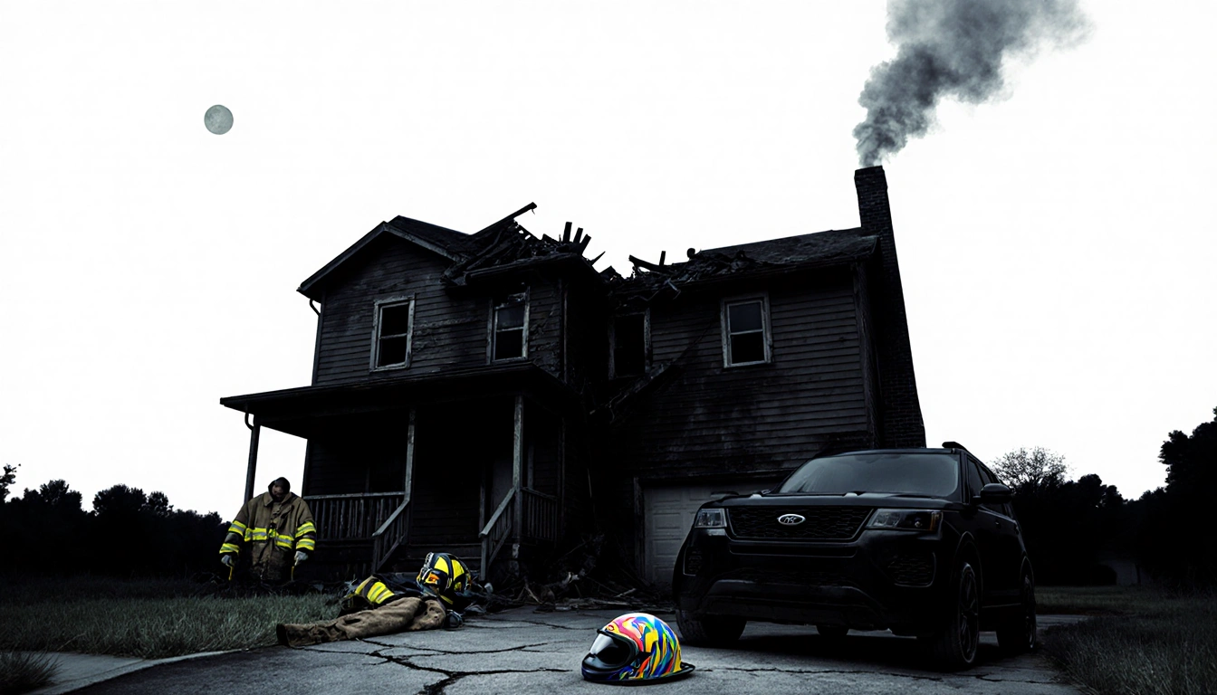 Smoke billows from chimney with collapsed roof and abandoned firefighter gear.