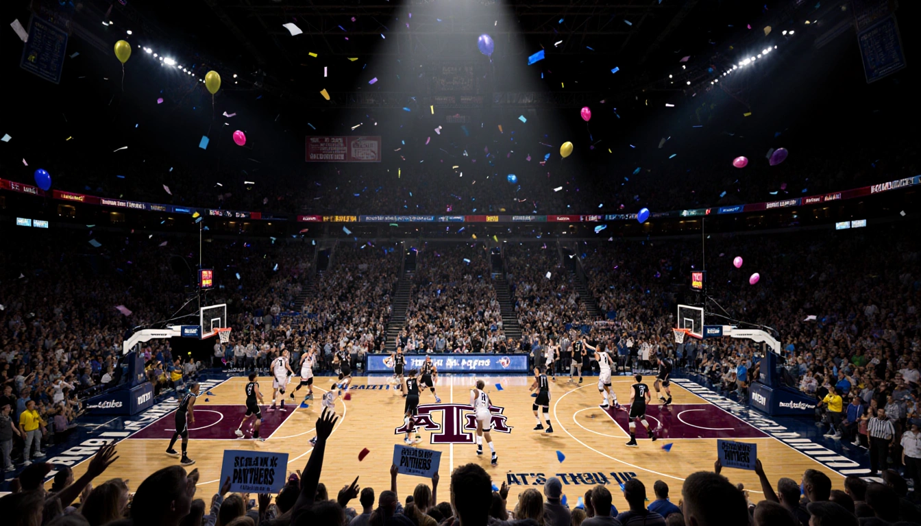 College Aggie and Panther players face off with bright spotlight on volleyball court with confetti and cheering fans