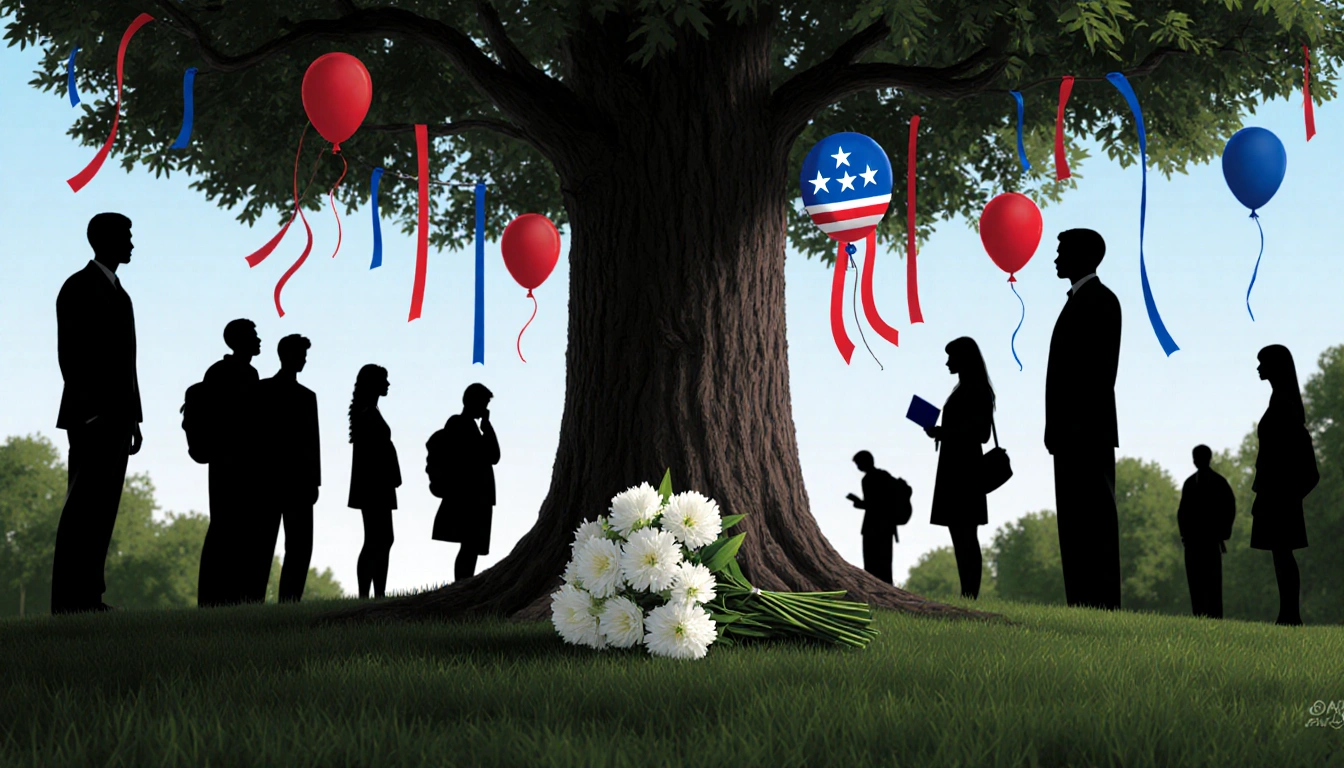 A solemn college campus with a large tree and white flowers and student silhouettes with party color ribbons.