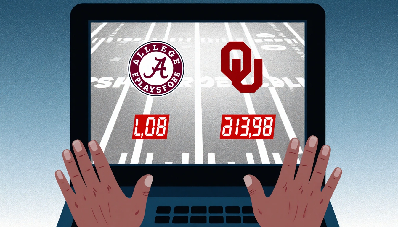 Hands hover over dimly lit college football betting terminal with red odds for Alabama vs Oklahoma