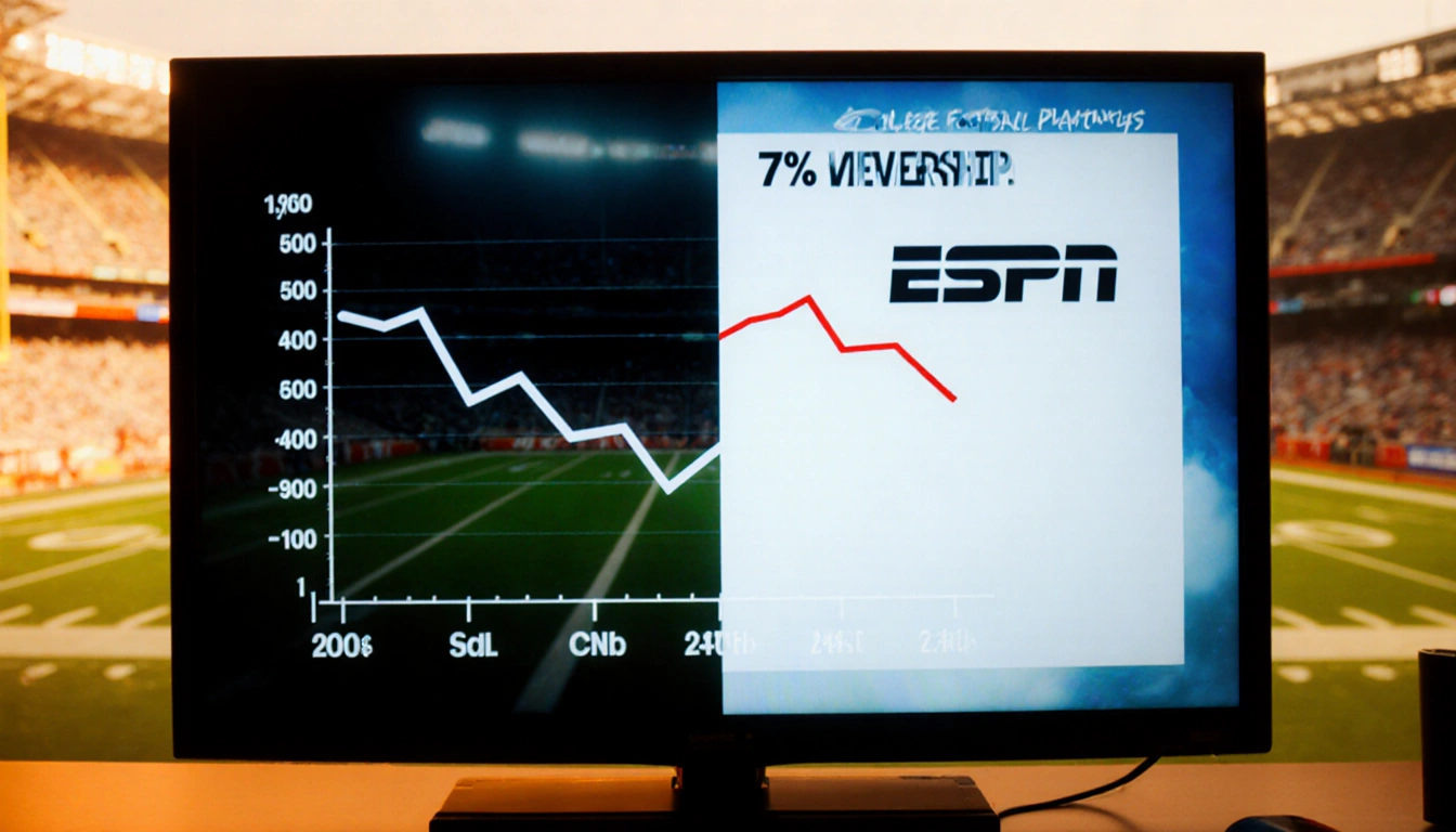 Television screen shows ratings with a downward line on one side and a rising ESPN line amid blurred college football fields