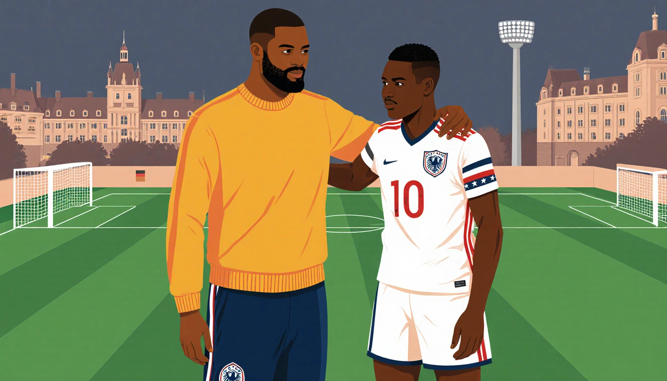 Brandon Collier stands tall with hands on Hero Kanu's shoulders with American and European football gear and German backdrop