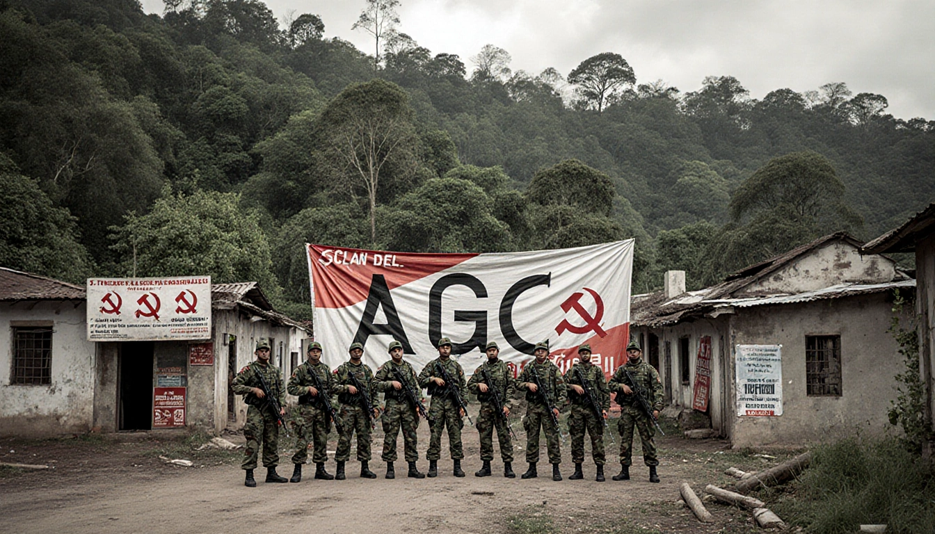 Paramilitary fighters stand before AGC banner with jungle and dilapidated town behind